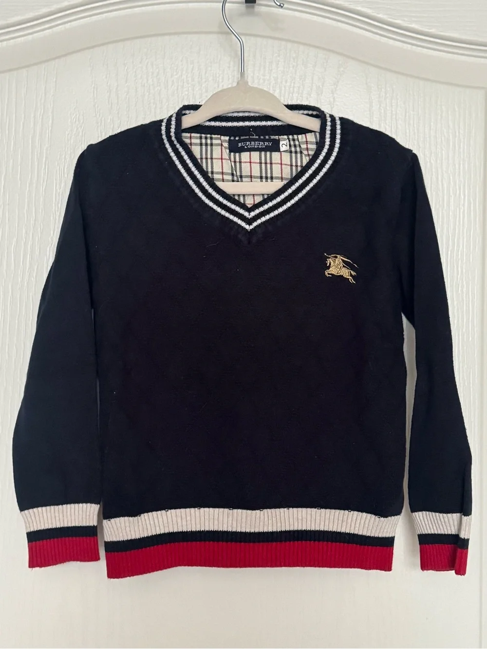 Burberry Navy V-Neck Knit Sweater with Cream and Red Trim